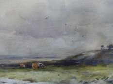 WYCLIFFE EGGINGTON (1875-1951) MOORLAND SCENE, SIGNED WATERCOLOUR. 25 x 25cms TOGETHER WITH TWO