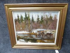 ALEXANDER KOLOTILOV (RUSSIAN 1946-) WINTER RIVER SCENE, SIGNED AND INSCRIBED ON REVERSE. OIL ON