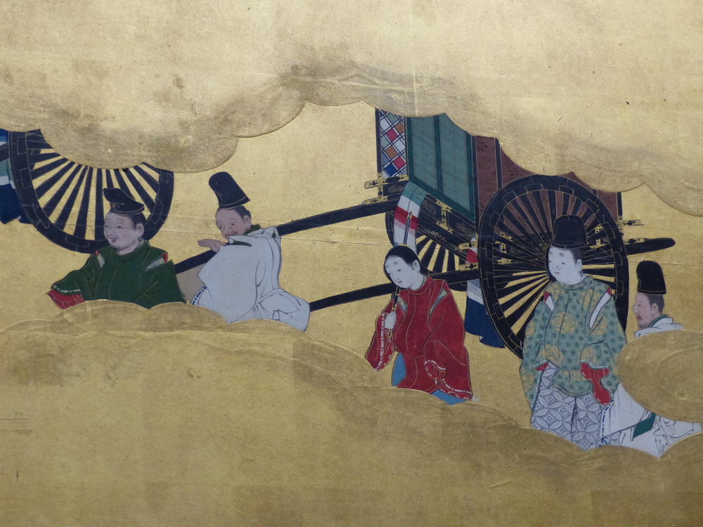 JAPANESE SCHOOL, A PAIR OF TWO PANEL FLOOR SCREENS DEPICTING A CONTINUOUS SCENE OF FIGURES IN A - Image 15 of 22