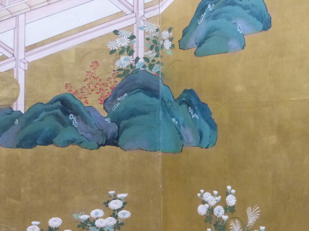 JAPANESE SCHOOL, A PAIR OF TWO PANEL FLOOR SCREENS DEPICTING A CONTINUOUS SCENE OF FIGURES IN A - Image 4 of 22
