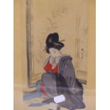 JAPANESE SCHOOL, A SEATED GEISHA, WATERCOLOUR ON SILK, INSCRIBED AND SIGNED. 38 x 14cms.