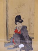 JAPANESE SCHOOL, A SEATED GEISHA, WATERCOLOUR ON SILK, INSCRIBED AND SIGNED. 38 x 14cms.