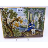 A 18th.C. ITALIAN MAJOLICA PANEL WITH A MUSICIAN SEATED IN AN ITALIANATE LANDSCAPE. 20 x 26cms.