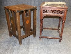 AN UNUSUAL EDWARDIAN STOOL DECORATED IN THE ORIENTALIST TASTE TOGETHER WITH A SMALL OAK ARTS AND