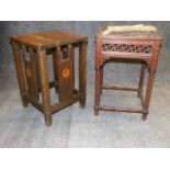 AN UNUSUAL EDWARDIAN STOOL DECORATED IN THE ORIENTALIST TASTE TOGETHER WITH A SMALL OAK ARTS AND