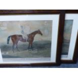 A PAIR OF ANTIQUE HAND COLOURED FOLIO PRINTS OF RACEHORSES WITH JOCKEYS IN GILT LINED OAK FRAMES. 55