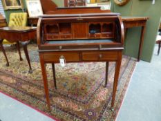 AN INLAID MAHOGANY EDWARDIAN CYLINDER BUREAU OF SHERATON DESIGN WITH FITTED INTERIOR AND TWO