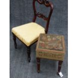 A REGENCY MAHOGANY GILLOWS STYLE STOOL WITH NEEDLEWORK SEAT AND REEDED LEGS TOGETHER WITH A CARVED