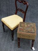 A REGENCY MAHOGANY GILLOWS STYLE STOOL WITH NEEDLEWORK SEAT AND REEDED LEGS TOGETHER WITH A CARVED