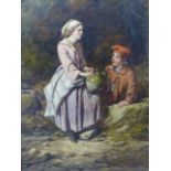 19th.C.ENGLISH SCHOOL, A BOY AND GIRL BY A WELL, INITIALLED D.S. OIL ON CANVAS. 36 x 26cms.