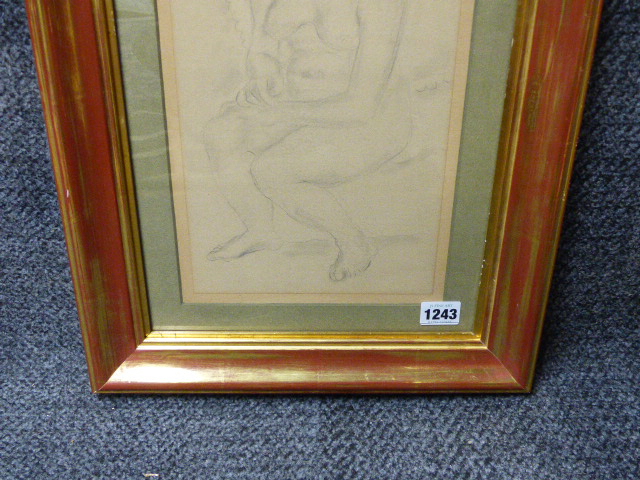 ATTRIBUTED TO JULES PASCIN (1885-1930) SEATED NUDE PENCIL DRAWING. 34 x 18cms. - Image 4 of 5