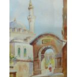 20th.C.TURKISH SCHOOL, TWO VIEWS OF ISTANBUL SIGNED INDISTINCTLY AND INSCRIBED WATERCOLOURS. 42 x