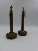 A PAIR OF VICTORIAN GOTHIC REVIVAL BRASS TABLE SCREEN FAN HOLDERS. H.23cms.