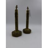 A PAIR OF VICTORIAN GOTHIC REVIVAL BRASS TABLE SCREEN FAN HOLDERS. H.23cms.