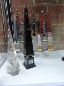 A COLLECTION OF VARIOUS OBELISKS, MOST ARE MARBLE OR SPECIMEN MINERALS WITH BRONZE MOUNTS TO INCLUDE