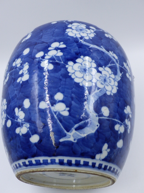 A CHINESE BLUE AND WHITE LARGE PRUNUS DECORATED GINGER JAR WITH DOUBLE ENCIRCLES FOUR CHARACTER MARK - Image 9 of 9