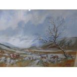 JOHN KING (1929-2014) DEER IN A HIGHLAND LANDSCAPE, SIGNED AND DATED 1971 WATERCOLOUR. 26 x 53cms.