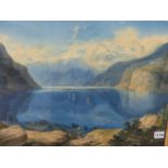 19th.C.CONTINENTAL SCHOOL. AN EXTENSIVE MOUNTAIN LAKE SCENE, SIGNED INDISTINCTLY WATERCOLOUR. 43 x