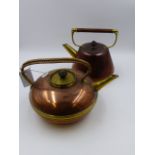 A W.A.S.BENSON COPPER AND BRASS KETTLE WITH RAFFIA HANDLE AND ANOTHER BY BENHAM & FROUD, DESIGNED BY