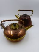 A W.A.S.BENSON COPPER AND BRASS KETTLE WITH RAFFIA HANDLE AND ANOTHER BY BENHAM & FROUD, DESIGNED BY