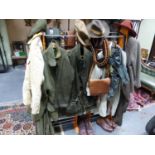 A GROUP OF SPORTING TWEED AND OTHER CLOTHING, GAME BAG,CARTRIDGE BAG AND BELT,ETC