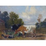 C.J.LEWIS (ENGLISH 19th.C.) A FARMYARD WITH CATTLE AND CHICKENS INITIALLED OIL ON CANVAS. 21 x
