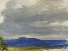 ATTIRBUTED TO JOSEPH FARQUARSON ( 1846-1935). A LANDSCAPE SKETCH, OIL ON BOARD. 29 x 34cms.