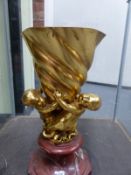 EARLY 20th.C. SCHOOL. THREE SEA SPRITES SUPPORTING A SHELL, GILT BRONZE ON MARBLE BASE. OVER ALL