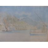 19th.C.ENGLISH SCHOOL. SKETCH OF AN ITALIAN COASTAL VIEW, INSCRIBED AMALFI, WATERCOLOUR. 31 x