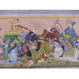 AN INDO PERSIAN PAINTING OF A TIGER HUNT WITH FLANKING INSCRIPTIONS, ANOTHER OF COURTLY FIGURES IN A