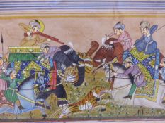 AN INDO PERSIAN PAINTING OF A TIGER HUNT WITH FLANKING INSCRIPTIONS, ANOTHER OF COURTLY FIGURES IN A