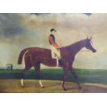 ENGLISH NAIVE SCHOOL. PORTAIT OF A RACEHORSE AND JOCKEY, OIL ON CANVAS. 62 x 92cms.