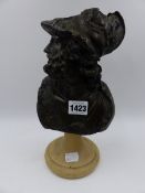 A BUST OF A BEARDED CLASSICAL WARRIOR AFTER THE ANTIQUE ON MARBLE SOCLE. H.28cms.