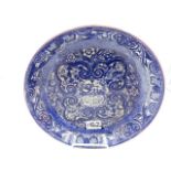 AN UNUSUAL ANTIQUE ENGLISH BLUE TRANSFERWARE STAFFORDSHIRE DISH DECORATED FOR THE PERSIAN MARKET,