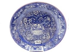 AN UNUSUAL ANTIQUE ENGLISH BLUE TRANSFERWARE STAFFORDSHIRE DISH DECORATED FOR THE PERSIAN MARKET,