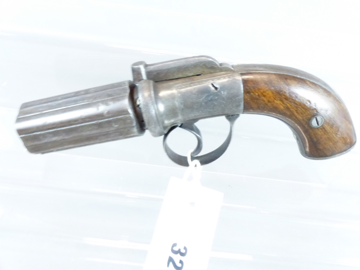 PERCUSSION PISTOL. ANTIQUE, NO CERTIFICATE REQUIRED. UN-NAMED PEPPERBOX REVOLVER.