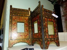 A THREE FOLD KASHMIRI TABLE SCREEN FOR PHOTOGRAPHS OR PICTURES. REBATES 17 x 11.5cms.