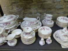 A ROYAL ALBERT BONE CHINA LAVENDER ROSE PATTERN PART DINNER AND TEA SERVICE FOR EIGHT PLACE