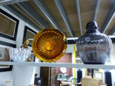 AN ORREFORS HEAVY CUT GLASS DEEP BOWL, AN AMBER COLOURED SHALLOW BOWL AND A RIBBED BALUSTER VASE. (