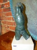 TWO ANTIQUE GRAND TOUR GREEN MARBLE FIGURES OF MERCURY MOUNTED ON LATER STONE BASES. OVERALL H.