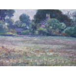 EARLY 20th.C.ENGLISH SCHOOL. THE MEADOW, SIGNED INDISTINCTLY, OIL ON BOARD. 31.5x38cms.