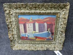 HAROLD J WOODS (20th.C. SCHOOL) MEDITERRANEAN PORT SIGNED OIL ON BOARD STILL LIFE, SUBJECT VERSO