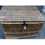 TWO LARGE VINTAGE WICKER LAUNDRY BASKETS WITH LIFT TOPS AND ONE WITH ROPE HANDLES. LARGEST H.64cms,