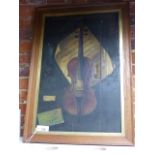 A 19th.C. TROMPE L'OEIL STUDY OF VIOLIN , VIOLIN BOW AND MUSIC SHEET. OIL ON CANVAS. approx.76 x
