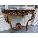 AN ANTIQUE FRENCH CARVED LOUIS XV STYLE GILTWOOD MARBLE TOP CONSOLE TABLE WITH PIERCED SCROLLWORK