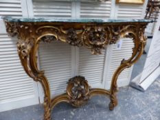 AN ANTIQUE FRENCH CARVED LOUIS XV STYLE GILTWOOD MARBLE TOP CONSOLE TABLE WITH PIERCED SCROLLWORK