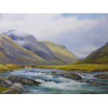 ROBERT EGGINTON (20th./21st.C.) HIGHLAND RIVER LANDSCAPE, SIGNED OIL ON CANVAS. 46 x 61cms.