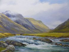 ROBERT EGGINTON (20th./21st.C.) HIGHLAND RIVER LANDSCAPE, SIGNED OIL ON CANVAS. 46 x 61cms.