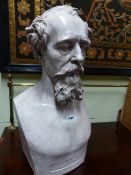 A TINTED PLASTER BUST OF CHARLES DICKENS AFTER WOOLNER. H.66cms.