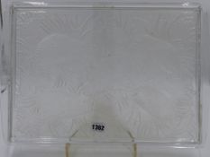 A LALIQUE GLASS RECTANGULAR TRAY DECORATED WITH QUAIL, SIGNED. W.45cms.